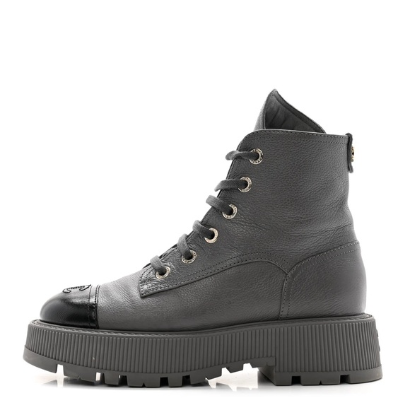 Brand New Chanel Grey Leather Cap Toe Combat Boots, 38 - Picture 5 of 6